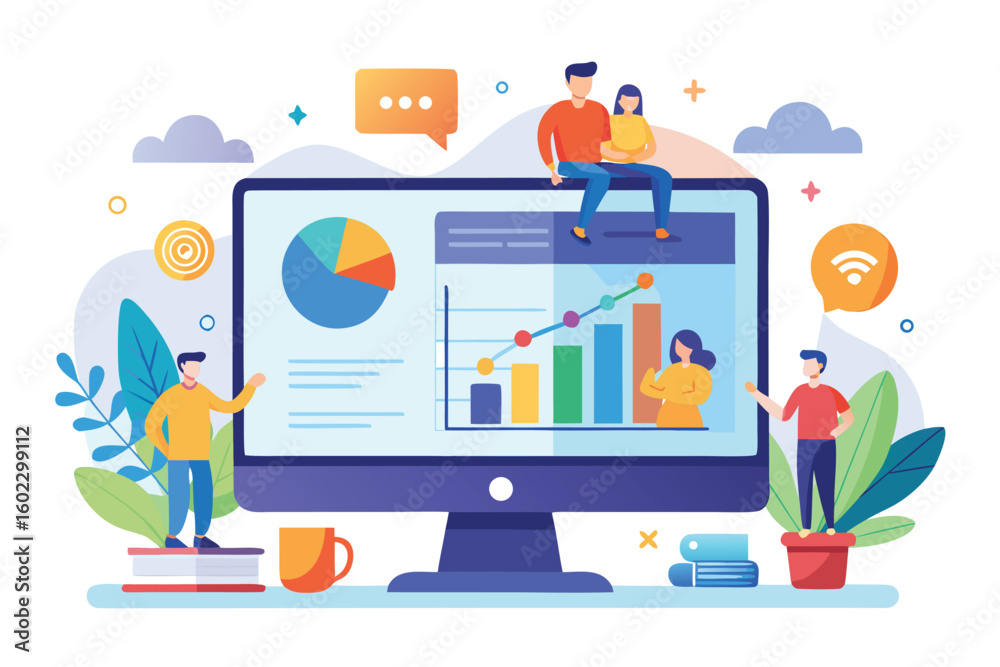 Poster creative digital illustration showcasing data analysis with diverse characters engaging with charts 