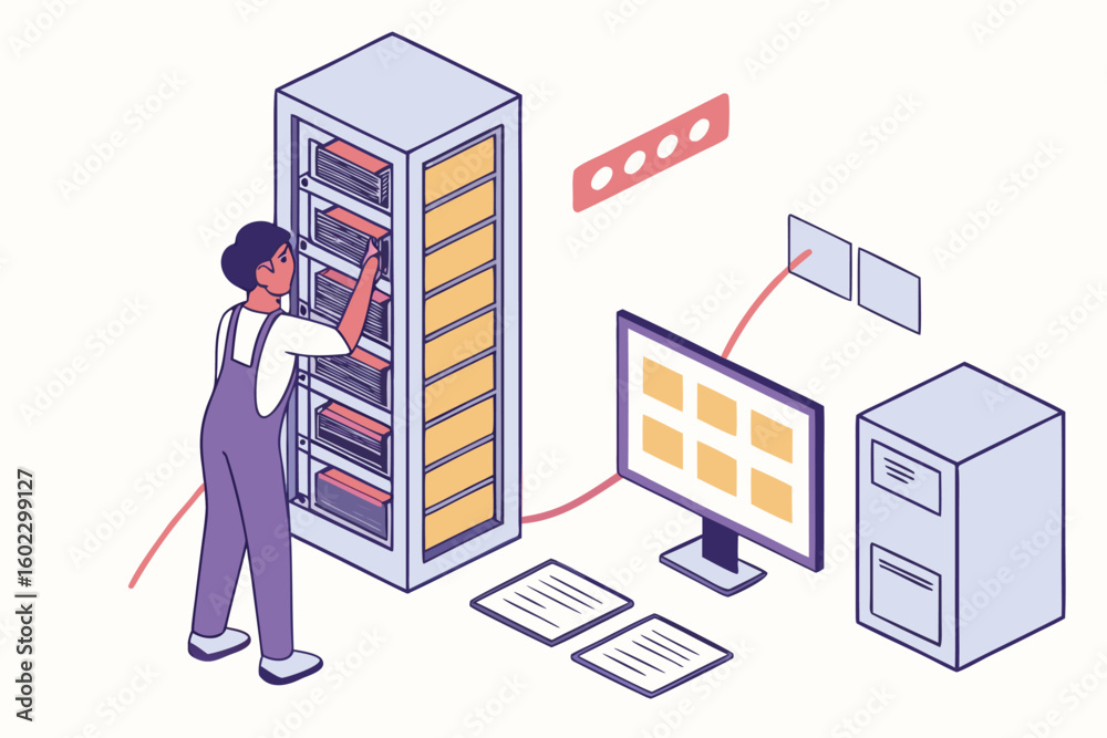 Poster technician organizing data storage in a server room with computer displays and files in a modern wor