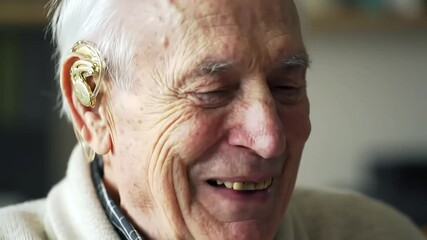 Elderly Man Smiling with Hearing Aid A Portrait of Happiness