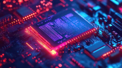 Obraz premium Close up view of a computer chip with red and blue lighting highlighting the intricate circuitry details
