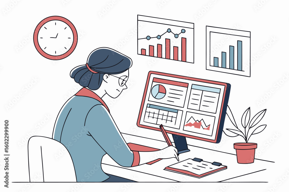 Poster professional working on data analysis at a desk with multiple charts and graphs displayed on a compu