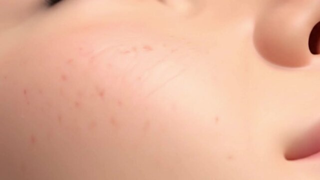 Closeup of human facial skin with acne scars and fine lines focusing on texture and imperfections