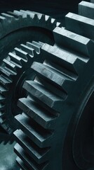 Fototapeta premium Close-up of large, dark-grey metallic gears interlocked, showing intricate detail and texture; suggests power and precision engineering