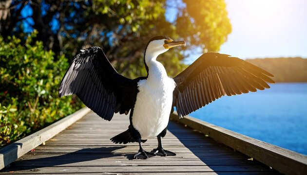 Cormorant perched on wooden pier spreading wings ready to fly into the serene lake