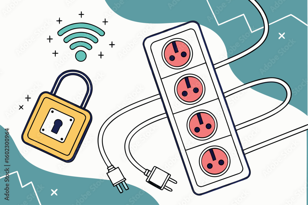 Poster exploring the connection between digital security and power supply in a modern workspace with outlet