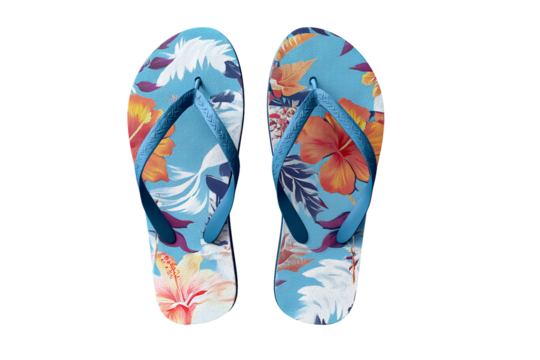 Vibrant summer beach flip‑flops pair isolated on crisp transparent PNG background — high‑resolution footwear cutout perfect for tropical vacation graphics, swimwear branding, and sunny holiday