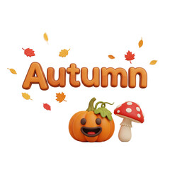 A 3D claymation logo for "Autumn" with falling leaves, a pumpkin, and a mushroom