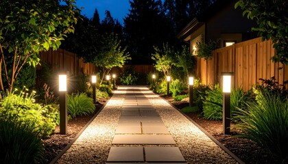 Fototapeta premium Well-lit garden path at night