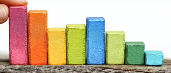 Colorful bar hand wood minimal flat design growth chart business concept. Colorful bar graph with hand arranging wooden blocks rustic wood minimal flat design style symbolizing business growth