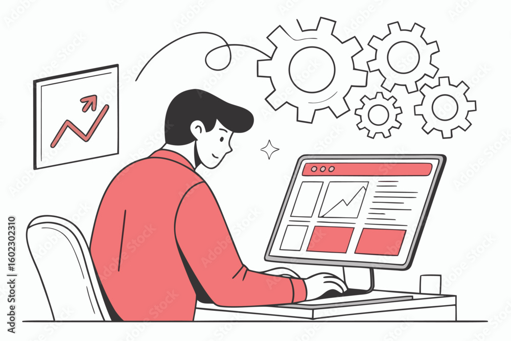 Poster man working at a computer in an office with graphs and gears representing business analytics and pro