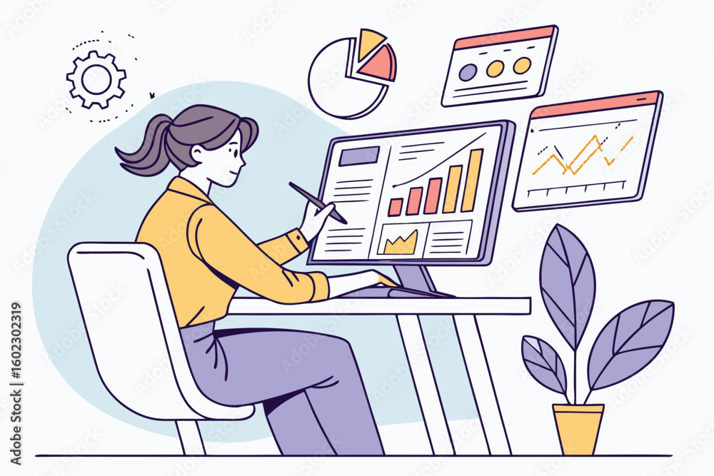Poster young professional analyzing data and creating graphs on computer for business report during working