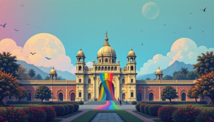 a cultural architectural lgbt pride background with indian palace silhouettes and pride inspired mandalas, with fresco inspired pride murals, used in academic and historical pride publications.