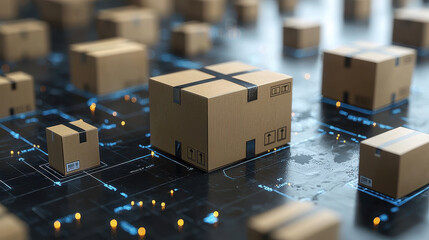 Cardboard box package delivery shipping logistics flat design minimalist brown technology network futuristic warehouse distribution parcel supply chain transportation storage ecommerce online