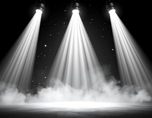 Bright spotlight beams from above illuminating smoke and dust particles, black background, realistic stage lighting effect, 3D render style