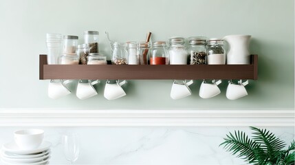 Kitchen wall shelf with mugs, spices, and jars