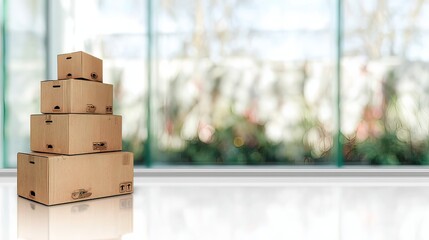 Cardboard boxes stacked, office window background, delivery