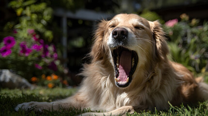 Golden Retriever in Mid-Yawn, Embracing Lazy Afternoon Vibes in Pastoral Beauty