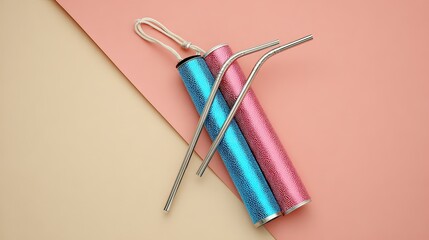 Reusable Metal Straws Case, Pink Beige Background