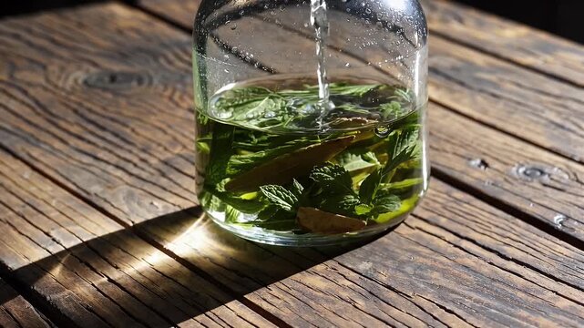 natural 4K lifestyle video fresh bs aromatic spices infused water within glass bottle arranged rustic wooden table to create clean healthy earthy