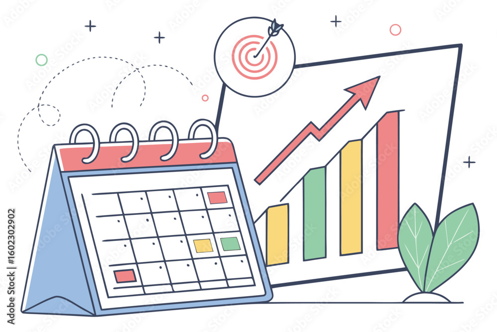 Poster graph showing growth trends analyzed on a calendar with color-coded markers reflecting important dat