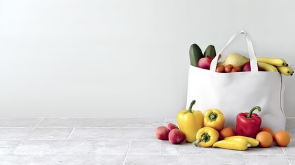 White tote bag full of groceries on kitchen floor, against a white wall