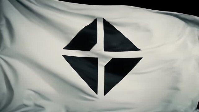 A clean, white flag waving, featuring a stark black geometric diamond-shaped symbol with a cross in negative space, representing a futuristic faction or a minimalist national emblem.
