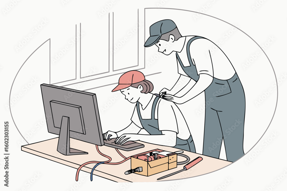 Poster two individuals collaborate on a computer task in a workspace, showcasing teamwork and support in a 