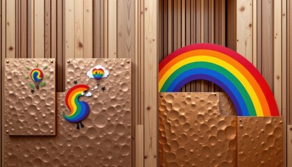 a cultural architectural lgbt pride background with scandinavian wood structure and minimalist rainbow elements, overlayed on hammered bronze panels, crafted for intercultural pride festivals.