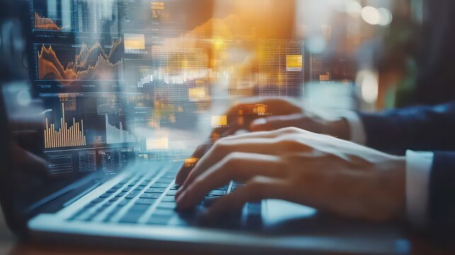 Person typing on a laptop with financial graphs and data overlays visible on the screen display - Powered by Adobe