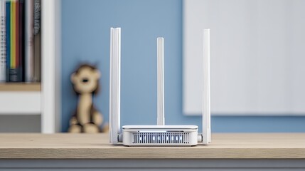 White Wi-Fi router on desk, home office background
