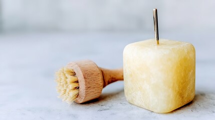 Wooden brush and soap dish on marble counter