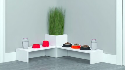 Corner pet food station, indoor setup, minimalist design, grey background, website use