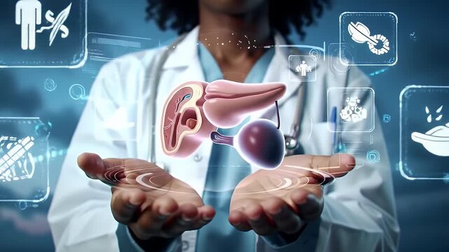 Doctor Holding Holographic Projection Of Pancreas In Hands With Futuristic Medical Interface And Cloud Background In Science And Medical Research