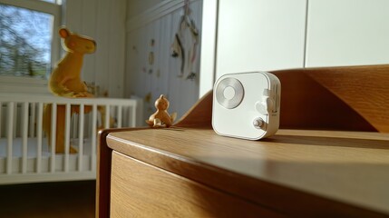 Baby monitor on dresser, nursery, sunlight, toys