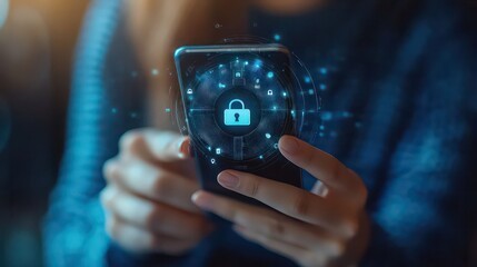 Person holding smartphone with digital lock icon overlay for security and data protection concept