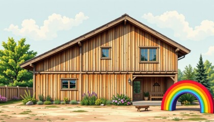 a cultural architectural lgbt pride background with scandinavian wood structure and minimalist rainbow elements, using ancient ink on paper styles with modern pride colors