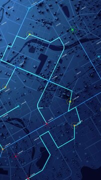 Vertical video 3D rendering a map of the community town with roads and alleys with circles indicate the destinations with random numbers for cyber technology and futuristic concept
