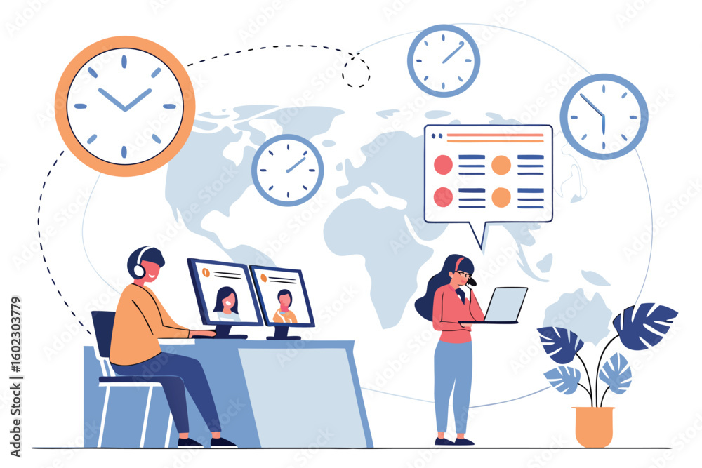 Poster team collaborating online with clocks showing different time zones while managing tasks in a digital