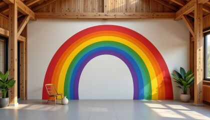 a cultural architectural lgbt pride background with scandinavian wood structure and minimalist rainbow elements, with fresco inspired pride murals, used in unity themed pride murals.