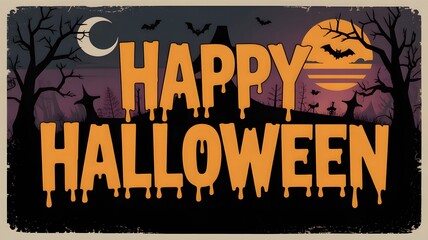 Fototapeta premium Happy halloween dripping orange text with spooky night scene