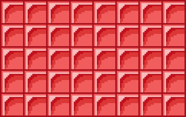 Naklejka premium 8-bit pixel art background featuring a seamless pattern of red and pink striped blocks, creating a dynamic, abstract floor texture. Ideal for retro game designs, background and digital art projects.