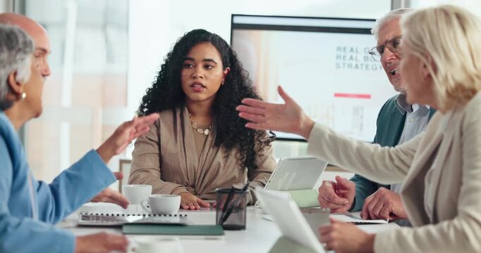 Fight, angry or business people in meeting with stress, bad news or document for taxes. Contract, fail or frustrated manager talking to group for crisis, risk or loss disaster with mistake or paper