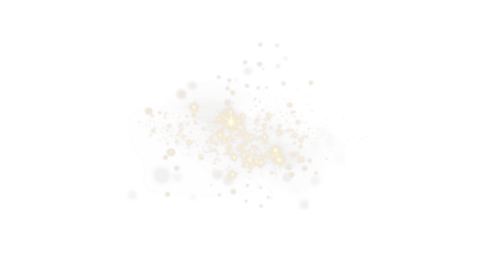 Golden sparkle, bokeh, and flying dust with magical twinkle and shimmer. Glittering fairy dust overlay creates a festive, shiny background with sparkles, flare, and glowing particles. PNG, transparent