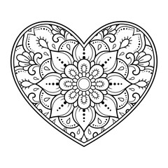 Mehndi flower pattern in form of heart for Henna drawing and tattoo. Decoration in ethnic oriental, Indian style. Valentine's day greetings. Coloring book page.