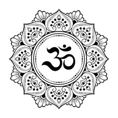 Circular pattern in form of mandala for with flower Henna, Mehndi, tattoo, decoration. Decorative ornament in oriental style with ancient Hindu mantra OM. Outline doodle vector illustration.