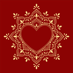Mehndi flower pattern in form of heart for Henna drawing and tattoo. Decoration in ethnic oriental, Indian style. Valentine's day greetings. Coloring book page.