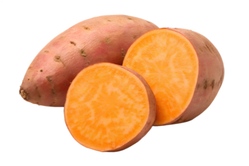 Sweet potato whole and sliced isolated on transparent background