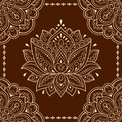 Seamless decorative ornament in ethnic oriental style. Lotus flower and mandala for Henna, Mehndi, tattoo, decoration. Doodle outline hand draw vector illustration.