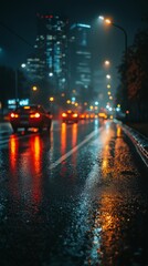 Fototapeta premium At night, a wet city street with hazy car lights