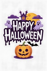 Happy halloween greeting with pumpkin ghosts and haunted house